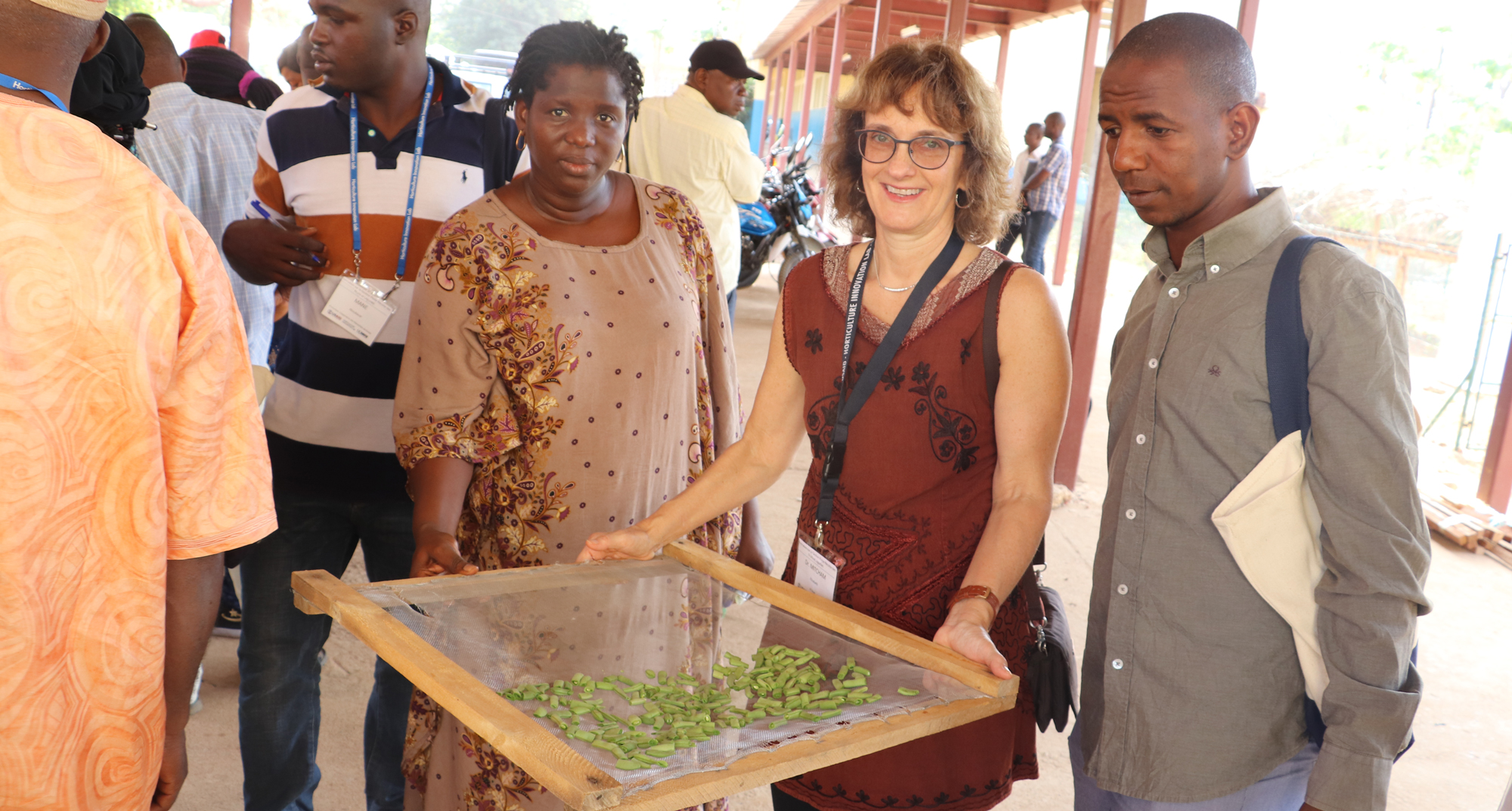 Women hold a screen with wooden frame, with cut up vegetables on it in crowd