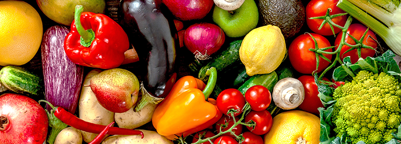 fresh fruits and vegetables - peppers, tomatoes, eggplant, lemons, and more