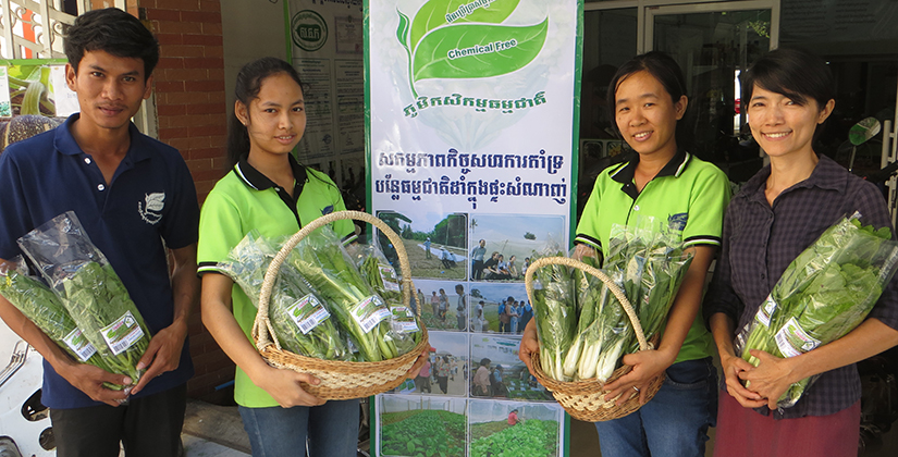 Marketers with baskets of vegetables in Phnom Penh 'safe vegetables' market