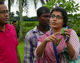 Woman outdoors gestures at gourd, two men in the background