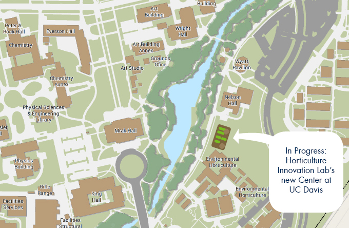 Campus map shows new garden plot between Environmental Horticulture buildings and Nelson Hall for the Horticulture Innovation Lab's new center at UC Davis, in progress