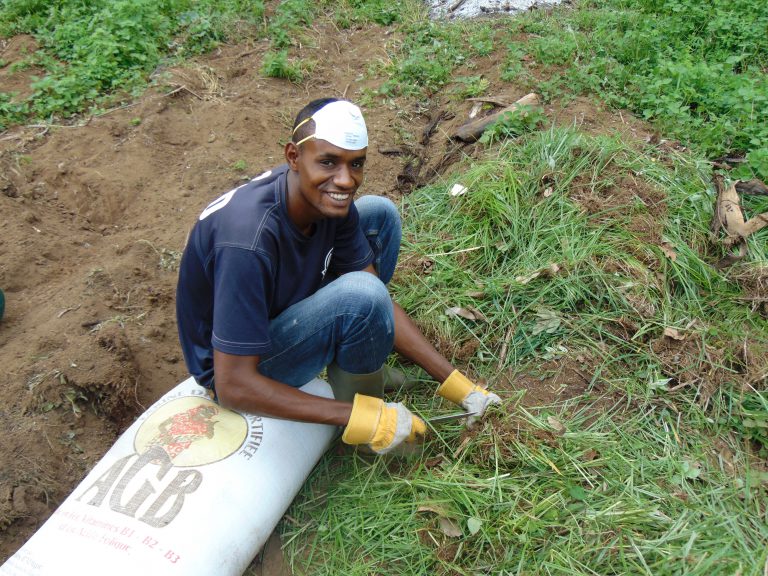 young man kneeling on grain bag, weeding by hand