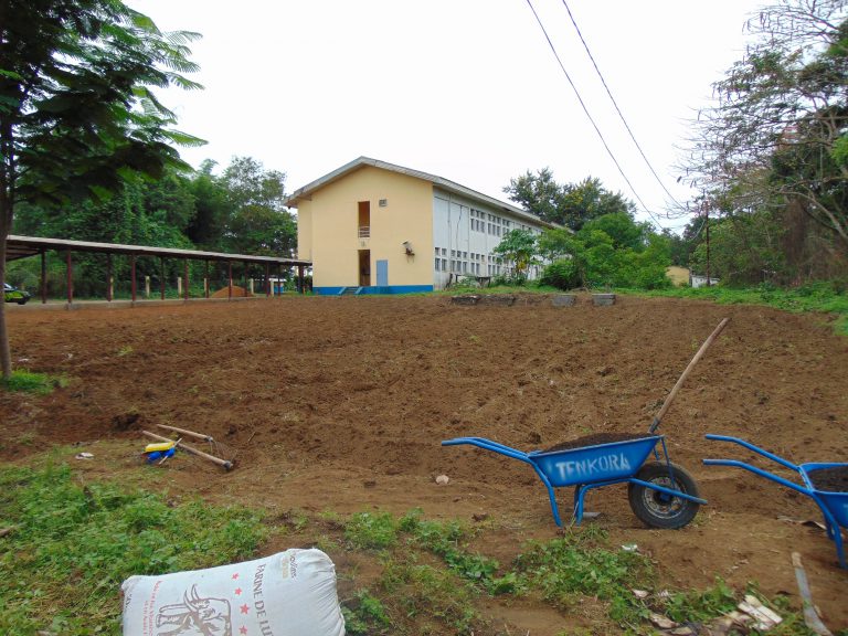 wheelbarrow in front of recently ploughed field, on school campus