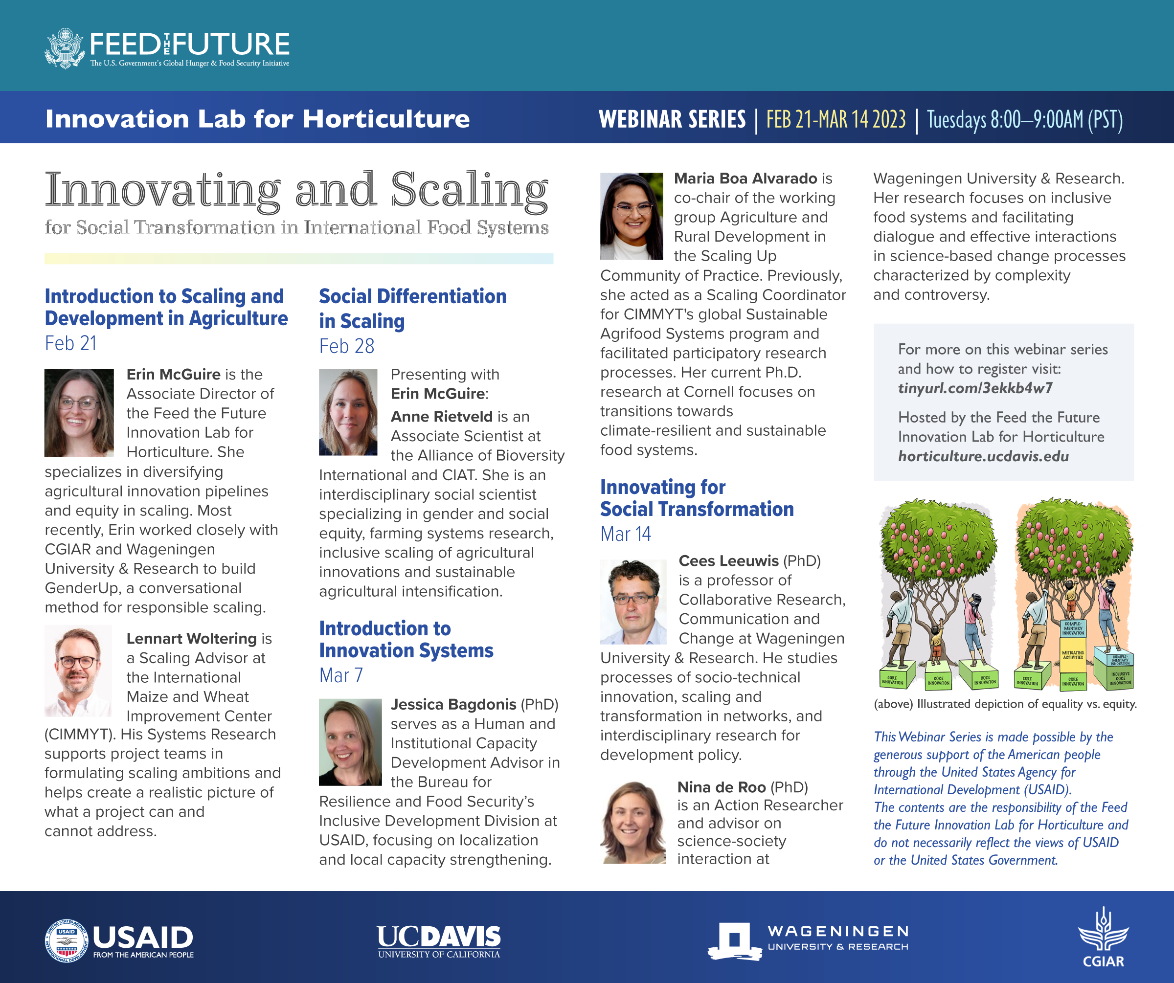 Feed the Future Innovation Lab for Horticulture Webinar Series flier for "Innovating and Scaling for Social Transformations in International Food Systems."