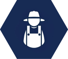 A farmer icon in white on a blue hexagonal background.