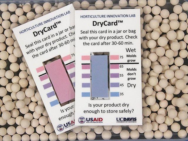 DryCards turn blue or pink to indicate whether food is dry enough to store safely and not grow mold