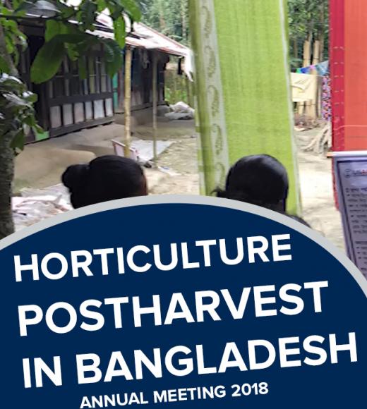 "Horticulture Postharvest in Bangladesh, annual meeting 2018" text in from of photo of instructor and participants looking at poster