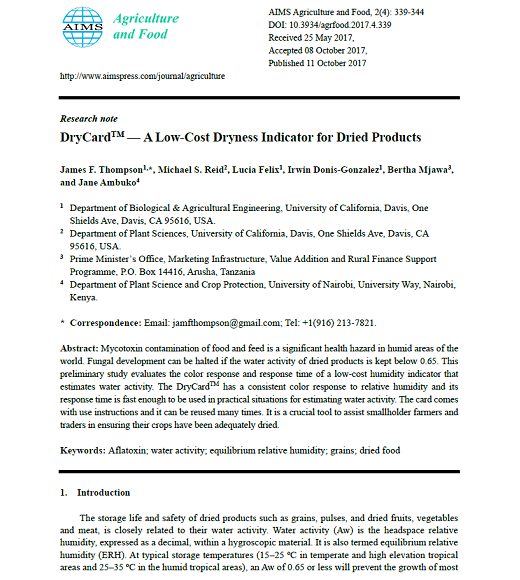 First page of article: Article PDF: DryCard™ — A low-cost dryness indicator for dried products