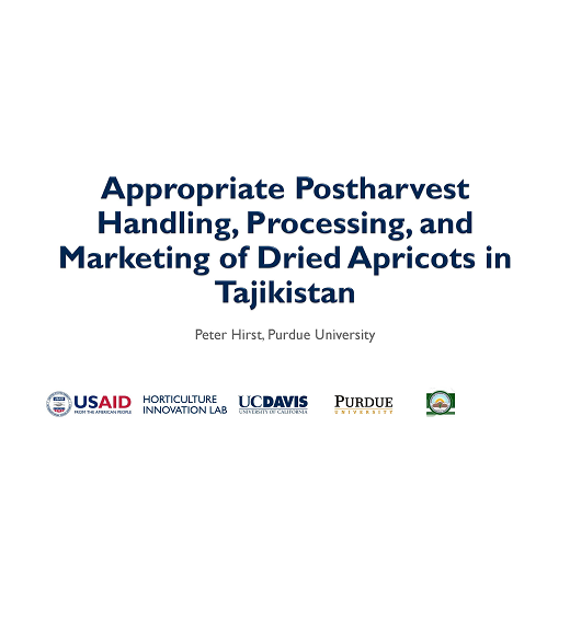 "Appropriate Postharvest Handling, Processing, and marketing of Dried Apricots in Tajikistan" title slide