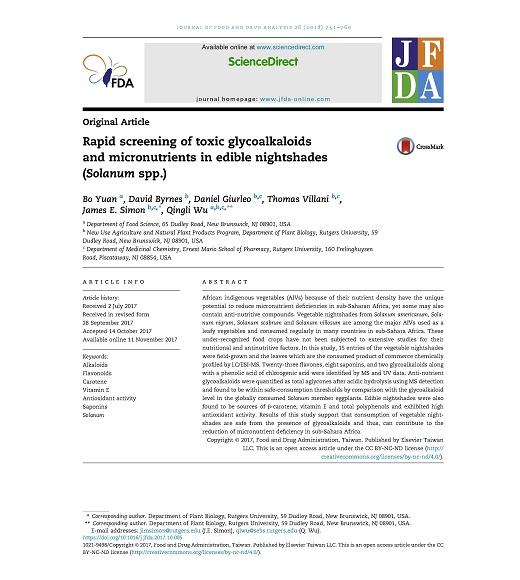 Title page of Rapid Screening of Toxic Glycoalkaloids and Micronutrition in Edible Nightshades