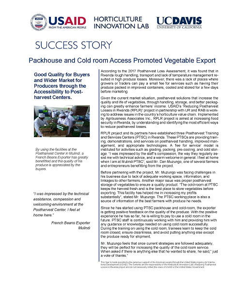 Cover image of Rwanda Success Story fact sheet shows farmers sorting french beans at the PTSC