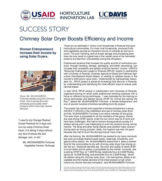 Picture of success story page with USAID logo block and a picture of female farmers using the chimeny solar dryer