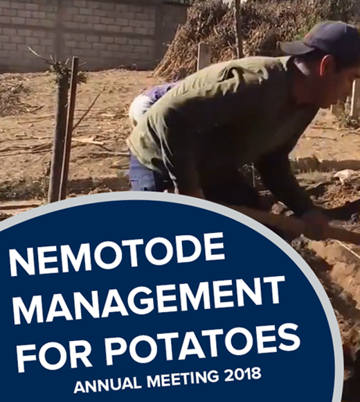 "Nematode management for potatoes, annual meeting 2018" text on a photo of two men preparing a potato bed