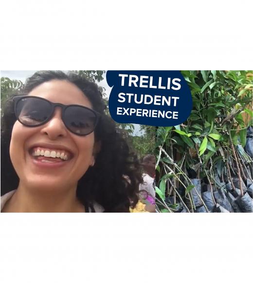 "trellis student experience" text on photo of speaker, Karla Huerta, and citrus trees in bags