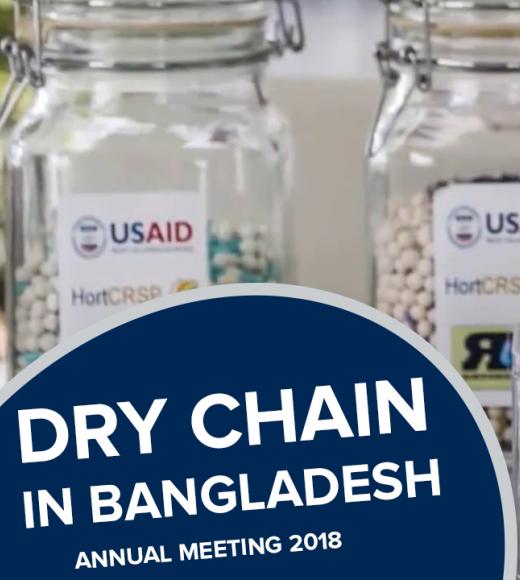 "Dry chain in bangladesh, annual meeting 2018" text on a photo of jars of drying beans