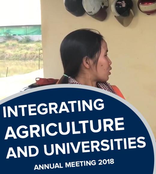 "Integrating agriculture and universities, annual meeting 2018" on a photo of graduate students conducting an interview