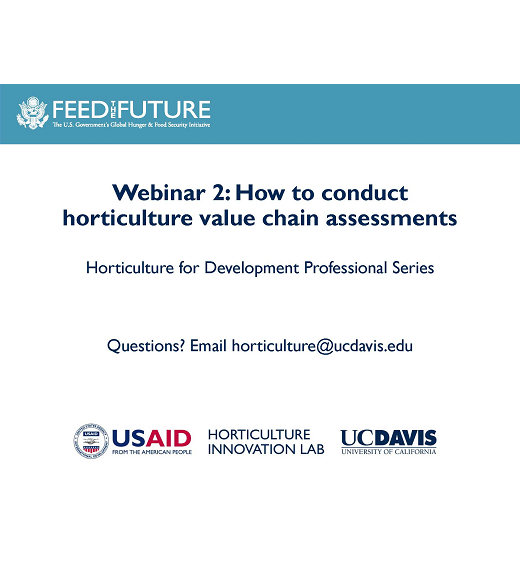 title slide "Webinar 2: How to conduct horticulture value chain assessments, Horticulture for Development Professional Series"