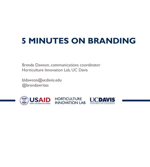 "5 MINUTES ON BRANDING, Brenda Dawson, communications coordinator, Horticulture Innovation Lab" title slide