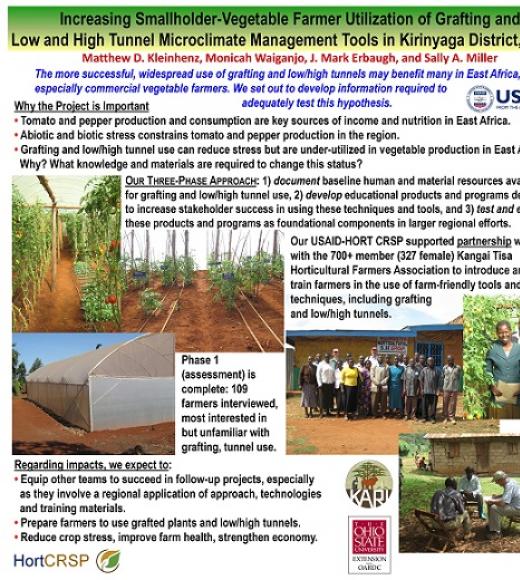 Academic poster with "Increasing Smallholder-Vegetable Farmer Utilization of Grafting andLow and High Tunnel Microclimate Management Tools in KirinyagaDistrict, Kenya" title and OSU, KARI and Hort CRSP logos