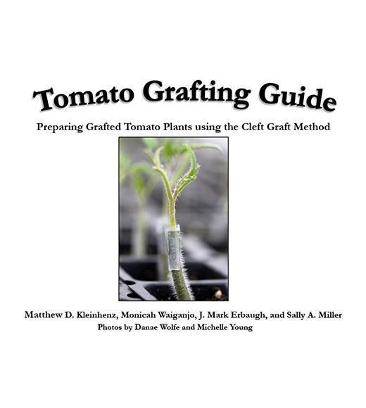 grafted tomato seedling photo with "Tomato Grafting Guide, Preparing Grafted Tomato using the Cleft Graft Method" cover page
