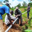 Young men work together to connect irrigation pipe in farm field.