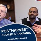 "Postharvest course in tanzania, annual meeting 2018" text over Majubwa and colleague looking at a computer