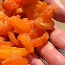 close-up on hands holding dried apricots