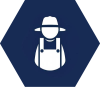 A farmer icon in white on a blue hexagonal background.